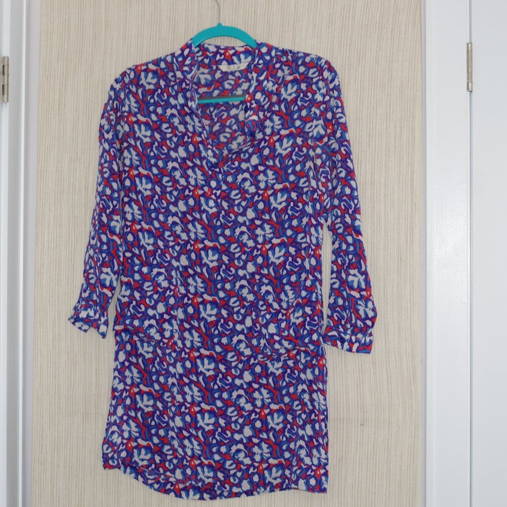 Tucker Blue Print Silk Shift Tunic Shirt Dress Front Pockets 3/4 Sleeve Size:S